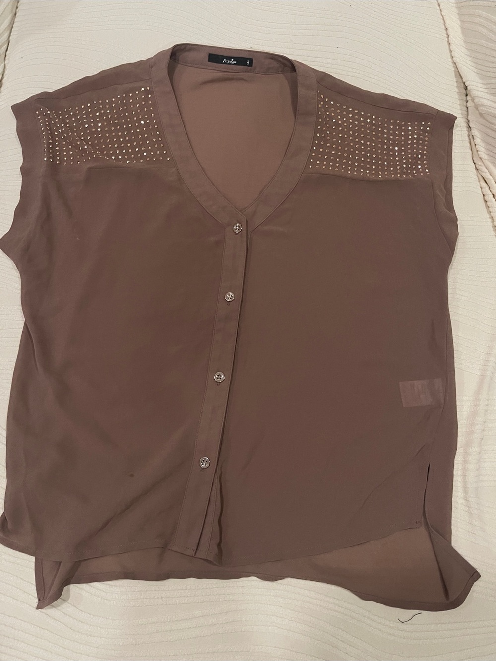 Papaya Brown Button-Front V-Neck Blouse with Studded Shoulders